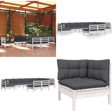 10tlg. GartenLoungeSet mit Kissen Weiß Kiefer Massivholz Garten