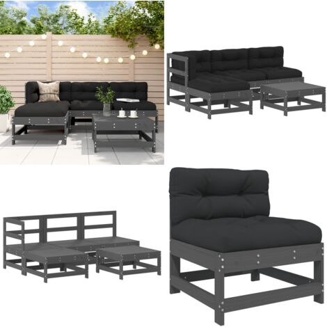 5tlg. GartenLoungeSet mit Kissen Grau Massivholz Garten Lounge Set