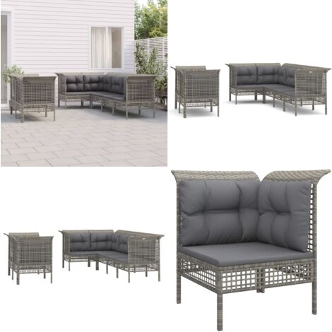 7tlg. GartenLoungeSet mit Kissen Grau Poly Rattan Gartenmöbel