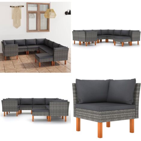 9tlg. GartenLoungeSet mit Kissen Poly Rattan Grau Gartensortiment