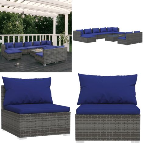 10tlg. GartenLoungeSet mit Kissen Grau Poly Rattan GartenLounge
