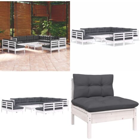 12tlg. GartenLoungeSet mit Kissen Weiß Massivholz Kiefer