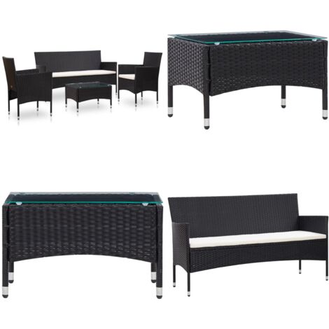 4tlg. GartenLoungeSet mit Auflagen Poly Rattan Schwarz