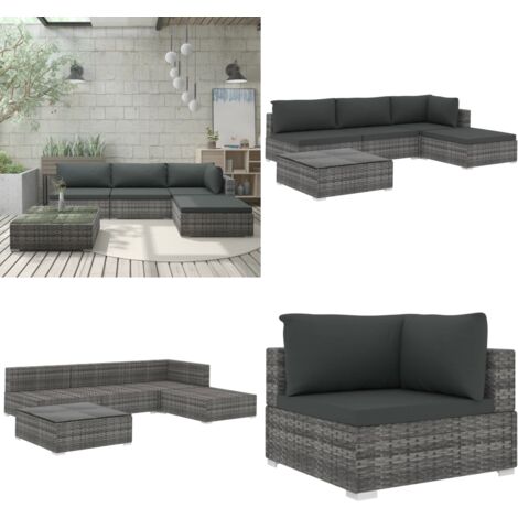 5tlg. GartenLoungeSet mit Auflagen Poly Rattan Grau Gartenmöbel
