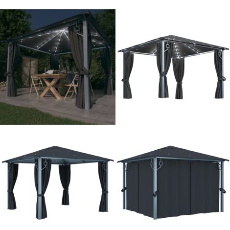 Pavillon mit Vorhängen & LEDLichterkette 3x3 m Anthrazit Alu