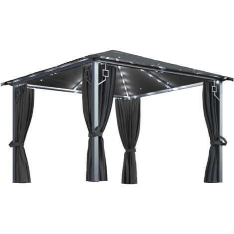 Pavillon mit Vorhängen & LEDLichterkette 3x3 m Anthrazit Alu