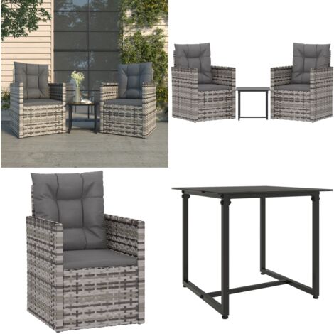 3tlg. GartenLoungeSet mit Kissen Poly Rattan Grau GartenLounge