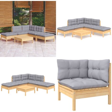 6tlg. GartenLoungeSet mit Grauen Kissen Kiefernholz GartenLounge