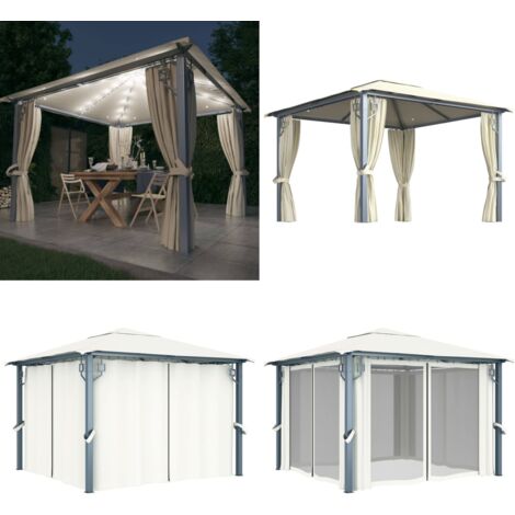 Pavillon mit Vorhängen & LEDLichterkette 300x300 cm Creme Alu