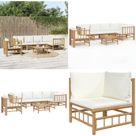 7tlg. GartenLoungeSet mit Cremeweißen Kissen Bambus Bambus Möbel