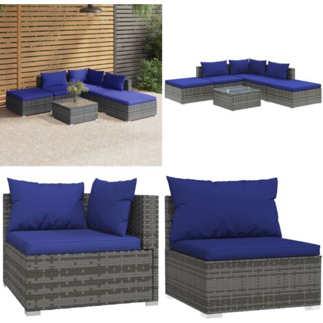 6tlg. GartenLoungeSet mit Kissen Poly Rattan Grau GartenLounge