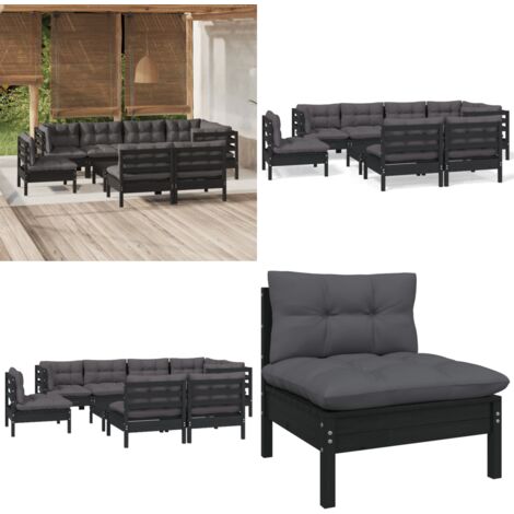 9tlg. GartenLoungeSet mit Kissen Schwarz Massivholz Kiefer Garten