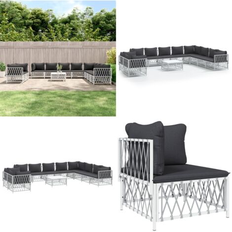 11tlg. GartenLoungeSet mit Kissen Weiß Stahl Gartenmöbel