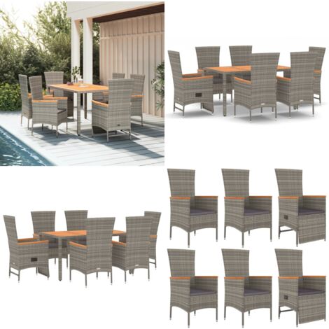 7tlg. GartenEssgruppe mit Kissen Grau Poly Rattan Garten Essgruppe
