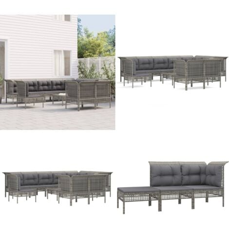 11tlg. GartenLoungeSet mit Kissen Grau Poly Rattan Gartenmöbel