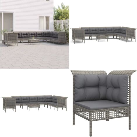 11tlg. GartenLoungeSet mit Kissen Grau Poly Rattan Gartenmöbel