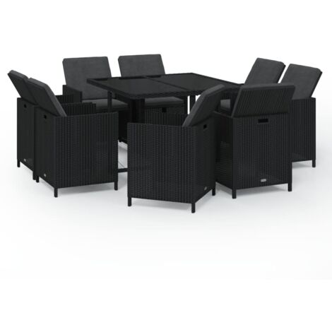 9tlg. GartenEssgruppe mit Auflagen Poly Rattan Schwarz Gartenmöbel
