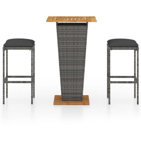 SKM 7-teiliges Gartenbar-Set Grau - Poly Rattan Möbel Mit Kissen Und Hartglas Tisch