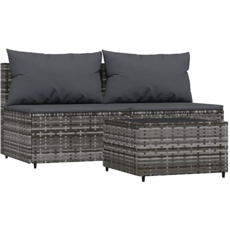 3tlg. GartenLoungeSet mit Kissen Grau Poly Rattan Gartensortiment
