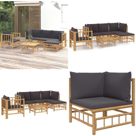 6tlg. GartenLoungeSet mit Dunkelgrauen Kissen Bambus Bambus Möbel