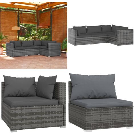 4tlg. GartenLoungeSet mit Kissen Poly Rattan Grau GartenLounge