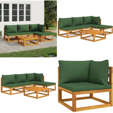 5tlg. GartenLoungeSet mit Grünen Kissen Massivholz Gartenmöbeln