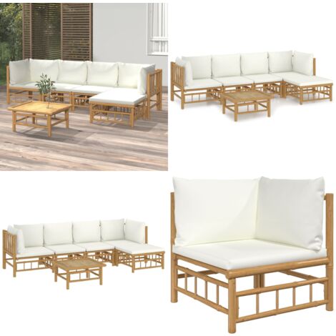 6tlg. GartenLoungeSet mit Cremeweißen Kissen Bambus Bambus Möbel