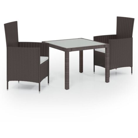 3tlg. GartenEssgruppe Poly Rattan Braun Gartenmöbel Esstisch