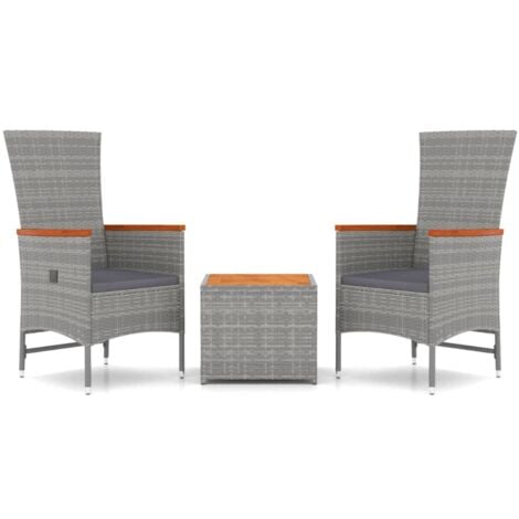 3tlg. GartenLoungeSet Grau Poly Rattan & Massivholz Akazie Garten