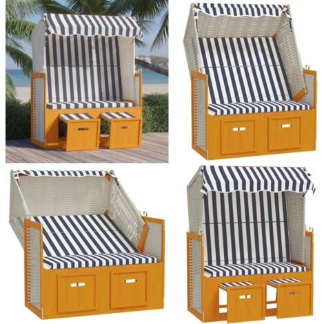 Strandkorb mit Dach Poly Rattan & Massivholz Weiß & Blau Sonnenliege