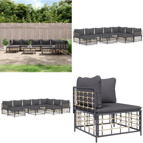 10tlg. GartenLoungeSet mit Kissen Anthrazit Poly Rattan