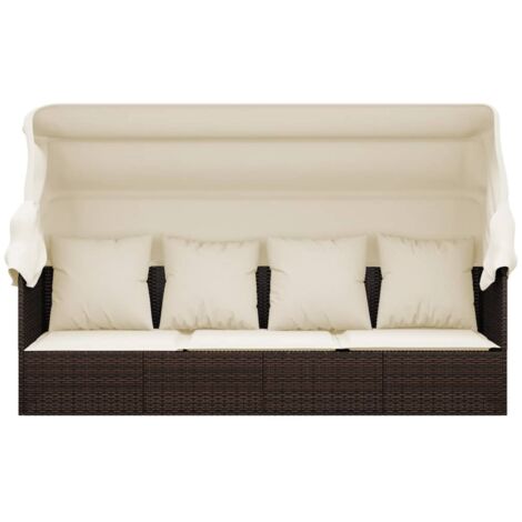 OutdoorLoungebett mit Dach und Kissen Braun Poly Rattan Outdoormöbel