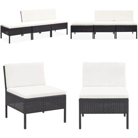 3tlg. GartenLoungeSet mit Auflagen Poly Rattan Schwarz