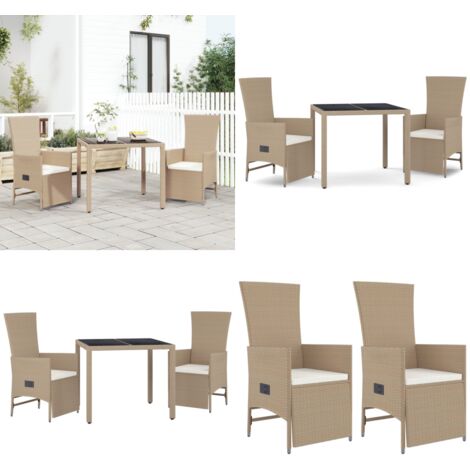 3tlg. GartenEssgruppe mit Kissen Beige Poly Rattan Gartenmöbel