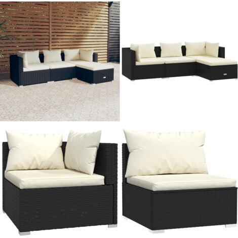 4tlg. GartenLoungeSet mit Auflagen Poly Rattan Schwarz
