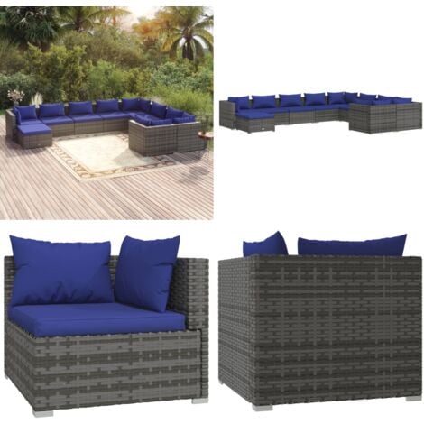 10tlg. GartenLoungeSet mit Kissen Poly Rattan Grau GartenLounge