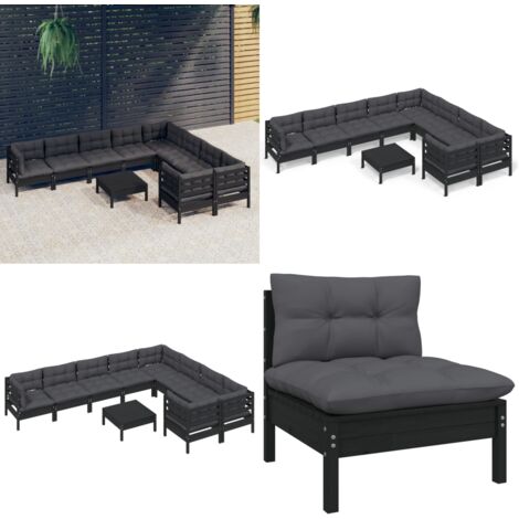 10tlg. GartenLoungeSet mit Kissen Schwarz Kiefernholz Gartensessel