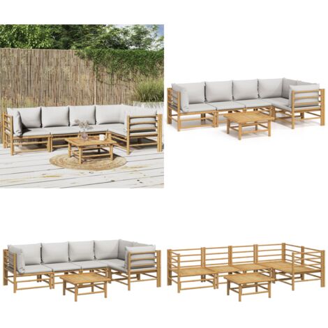 6tlg. GartenLoungeSet mit Hellgrauen Kissen Bambus Garten Lounge