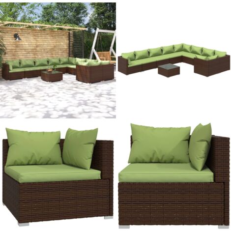 10tlg. GartenLoungeSet mit Kissen Poly Rattan Braun Gartenmöbel