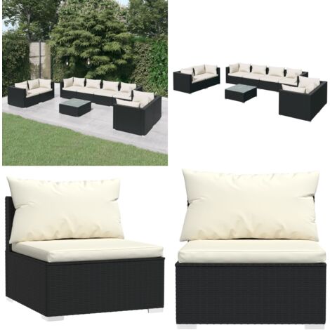 9tlg. GartenLoungeSet mit Kissen Poly Rattan Schwarz