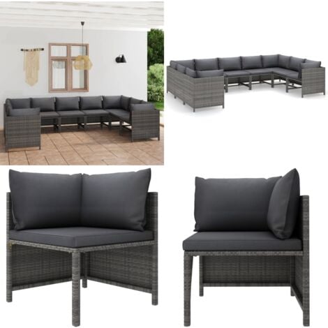 9tlg. GartenLoungeSet mit Kissen Poly Rattan Grau GartenLounge