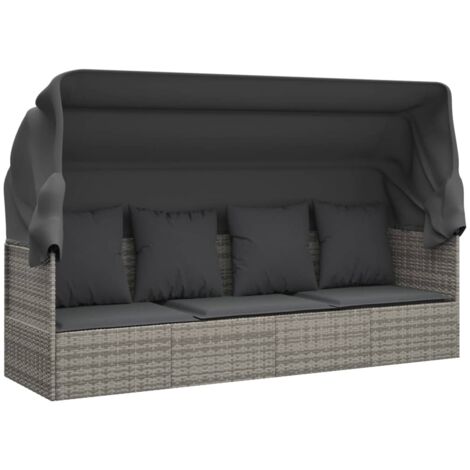 OutdoorLoungebett mit Dach und Kissen Grau Poly Rattan Outdoormöbel