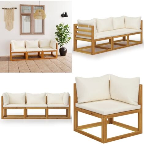 3SitzerGartensofa mit Auflage Creme Akazie Massivholz Outdoor Möbel
