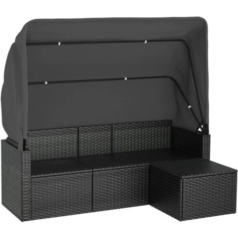3SitzerGartensofa mit Dach und Fußhocker Schwarz Poly Rattan