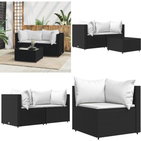 3tlg. GartenLoungeSet mit Kissen Schwarz Poly Rattan