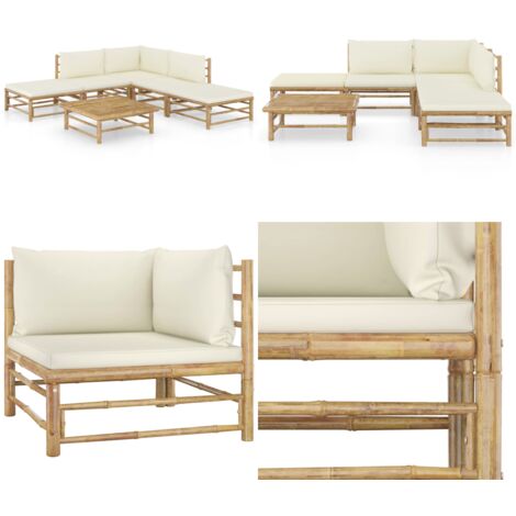 6-tlg. Garten-Lounge-Set mit Cremeweien Kissen Bambus - Bambus Lounge Set  - Gartenmbel - Outdoor Mbel - Esstisch - Sessel - Home & Living