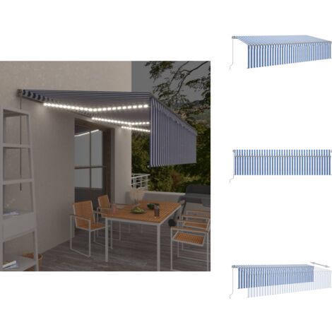 Markise Manuell Einziehbar mit Rollo & LED 6x3 m Blau & Wei - Outdoor- Markise - Sonnenschutz - Gartendekoration - Markise Blau Wei - Elektrische  Markise