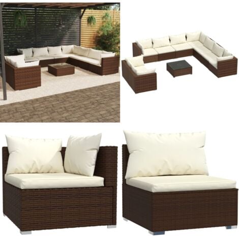 10tlg. GartenLoungeSet mit Kissen Braun Poly Rattan
