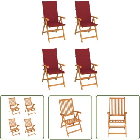 The Living Store Gartenstühle 4 Stk. mit Weinroten Kissen Massivholz Teak - Gartenstühle - Teakholzmöbel - Outdoormöbel - Balkonmöbel - Terrassenmöbel (1/5)