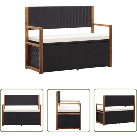 The Living Store Bank mit Stauraum 115 cm Poly Rattan Massivholz Akazie Schwarz - Rattan Möbel - Gartenbank - Außenbank - Stauraumbank - Gartenmöbeln (1/5)